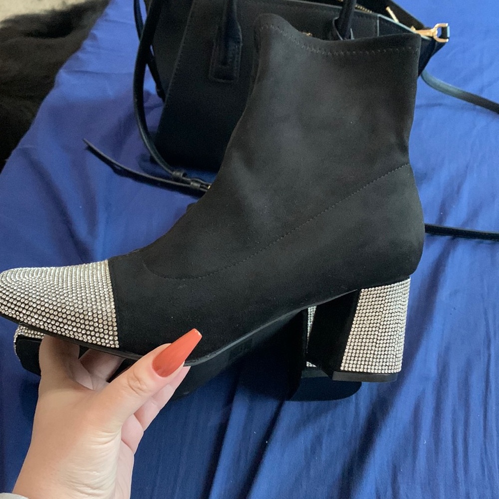 black suede rhinestone booties